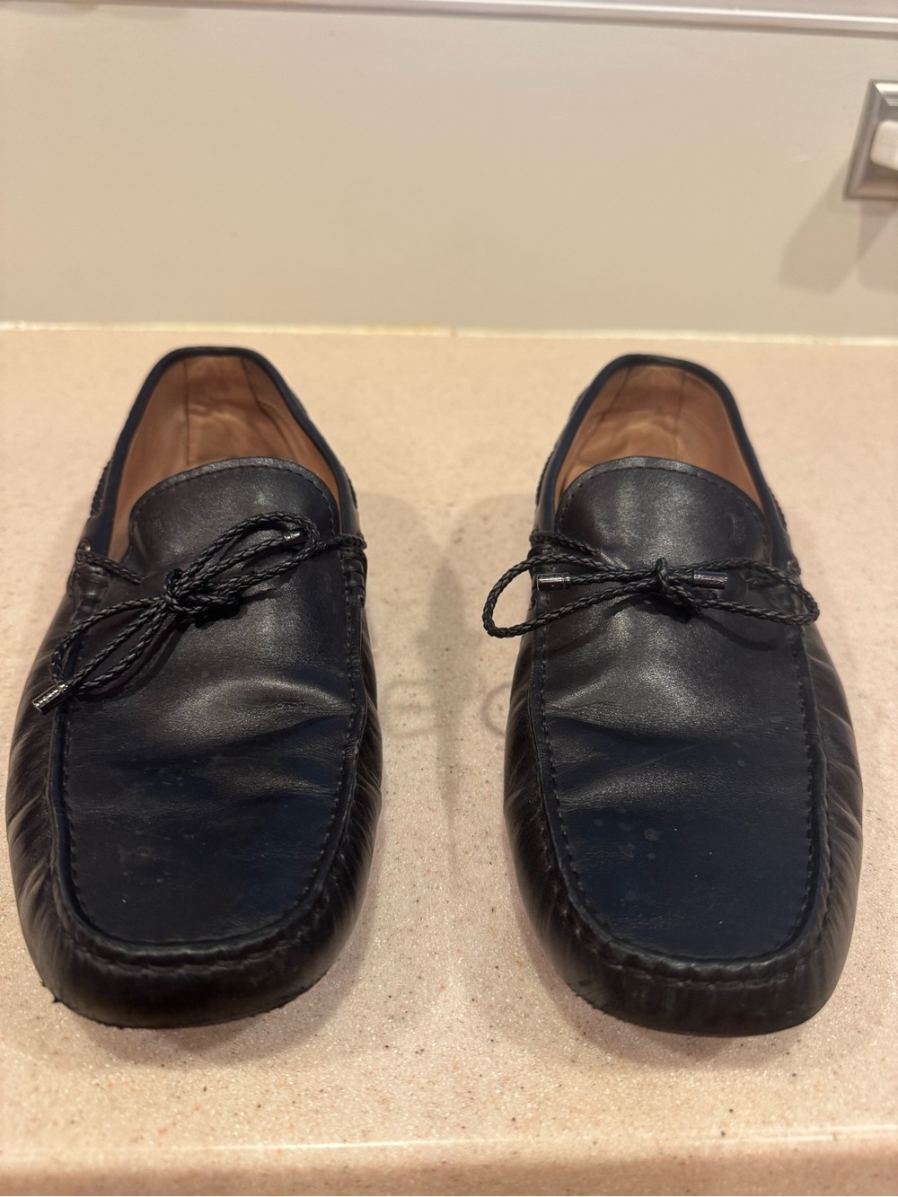 Tod's Black Leather Driving Loafers with Braided Tie